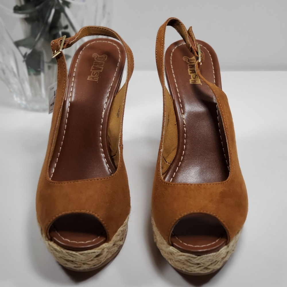 Women Open-Toe Cognac Slingback Wedges Size 9 - Picture 2 of 6